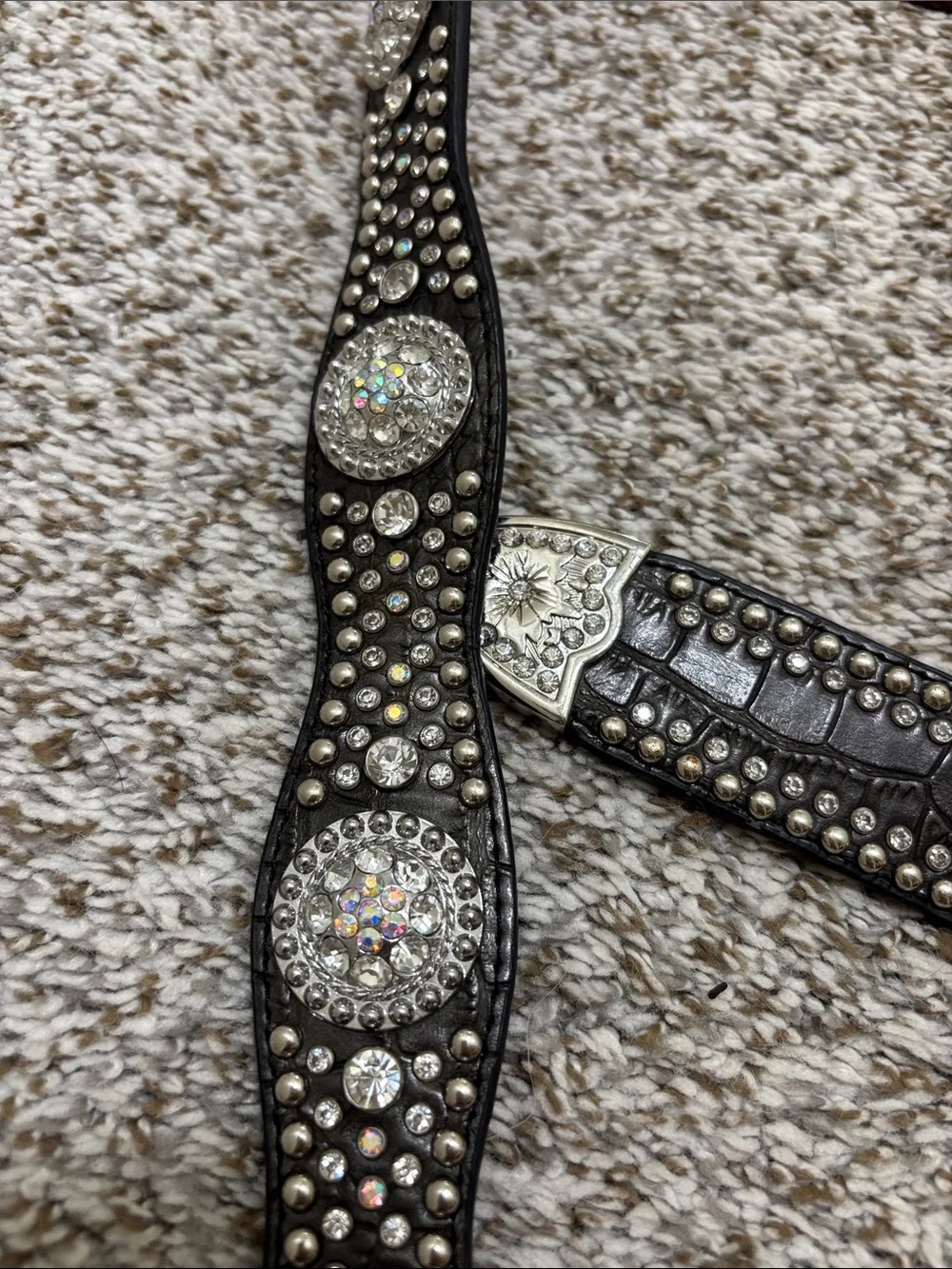 Nocona Embellished Black Croc Print Leather rhinestone Belt XL